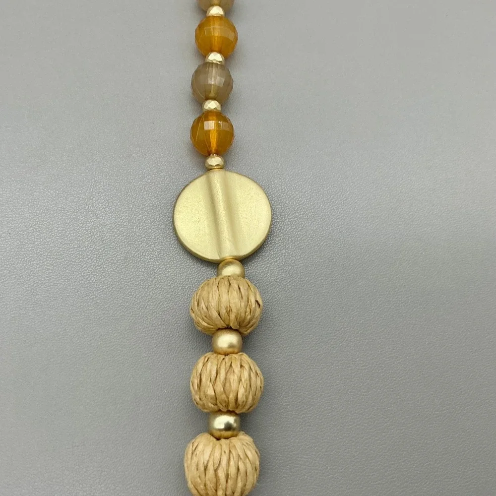 Plunder Necklace Women Gold Tone Mixed Bead Raffia Woven Boho Long Adjustable
